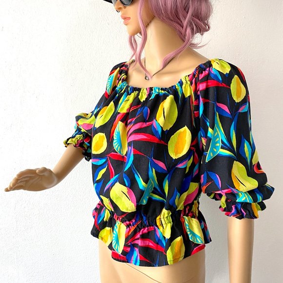 Colorful Ruffled Crop Top Lemon Print Blouse Resort Fashion Tropical Vacation M - Picture 4 of 7